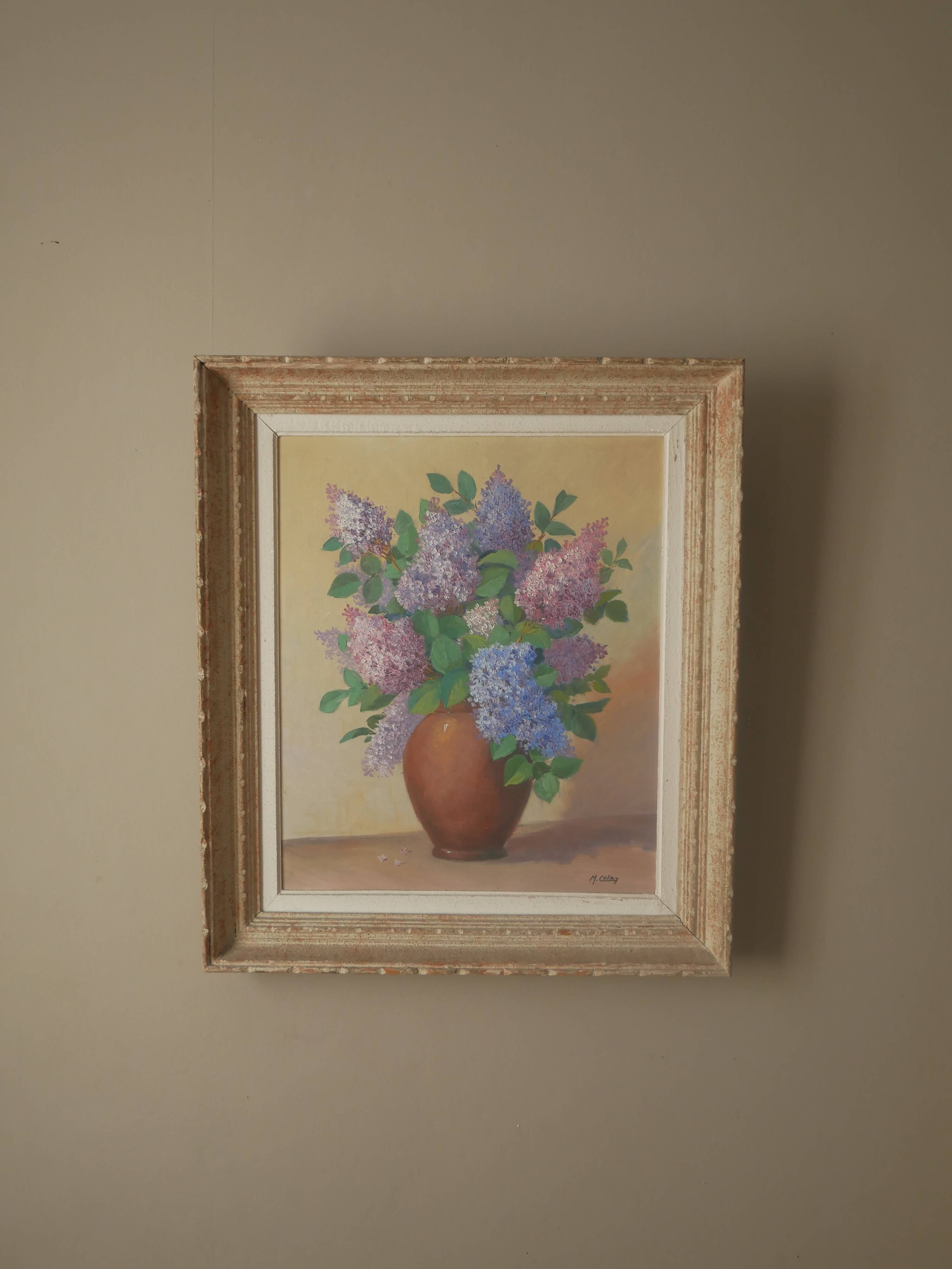 Painting acrylic painting on canvas bouquet lilac flowers decoration countryside old still life