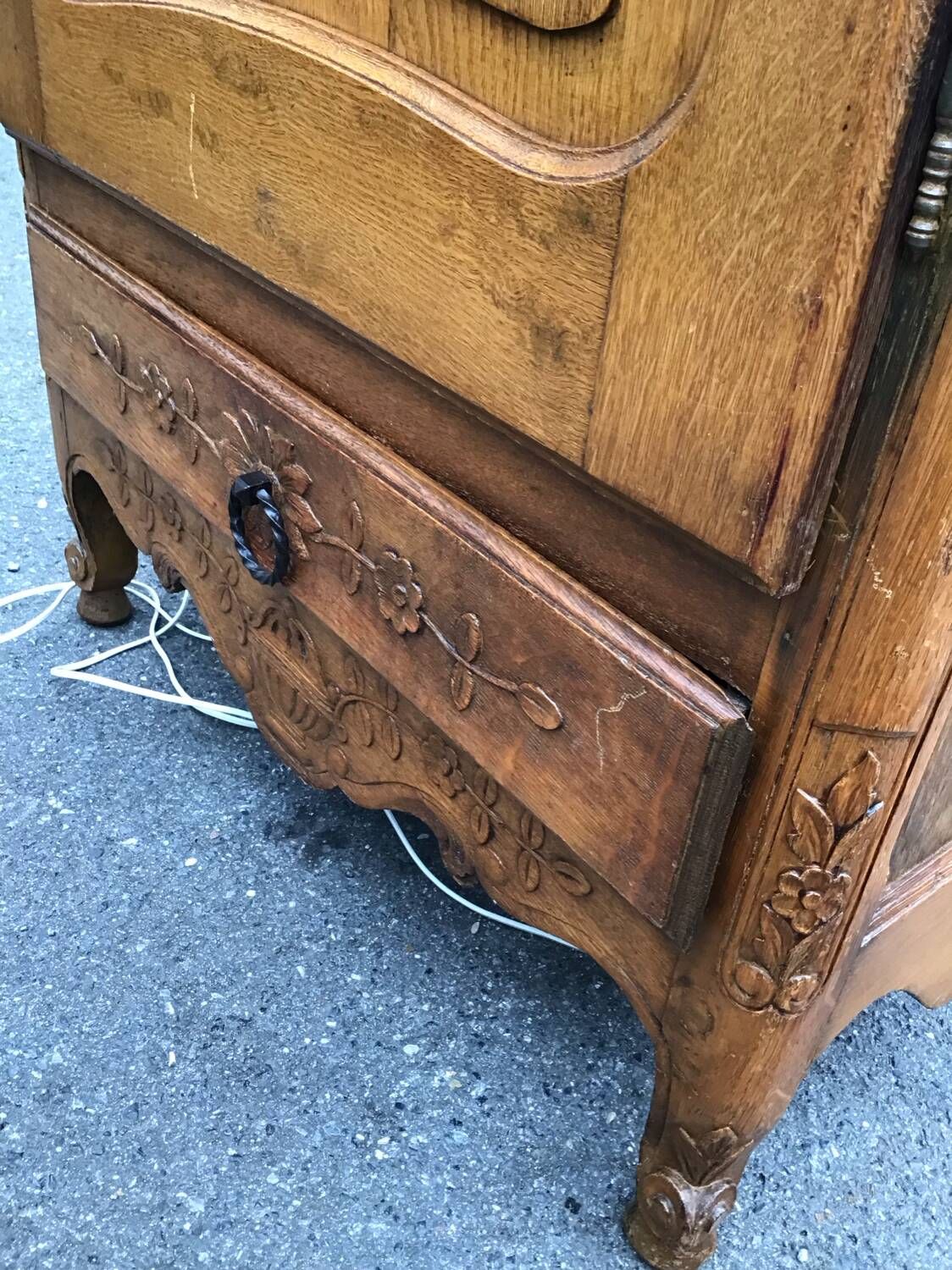 Antique French fruitwood bonnetiere armoire, 18th century