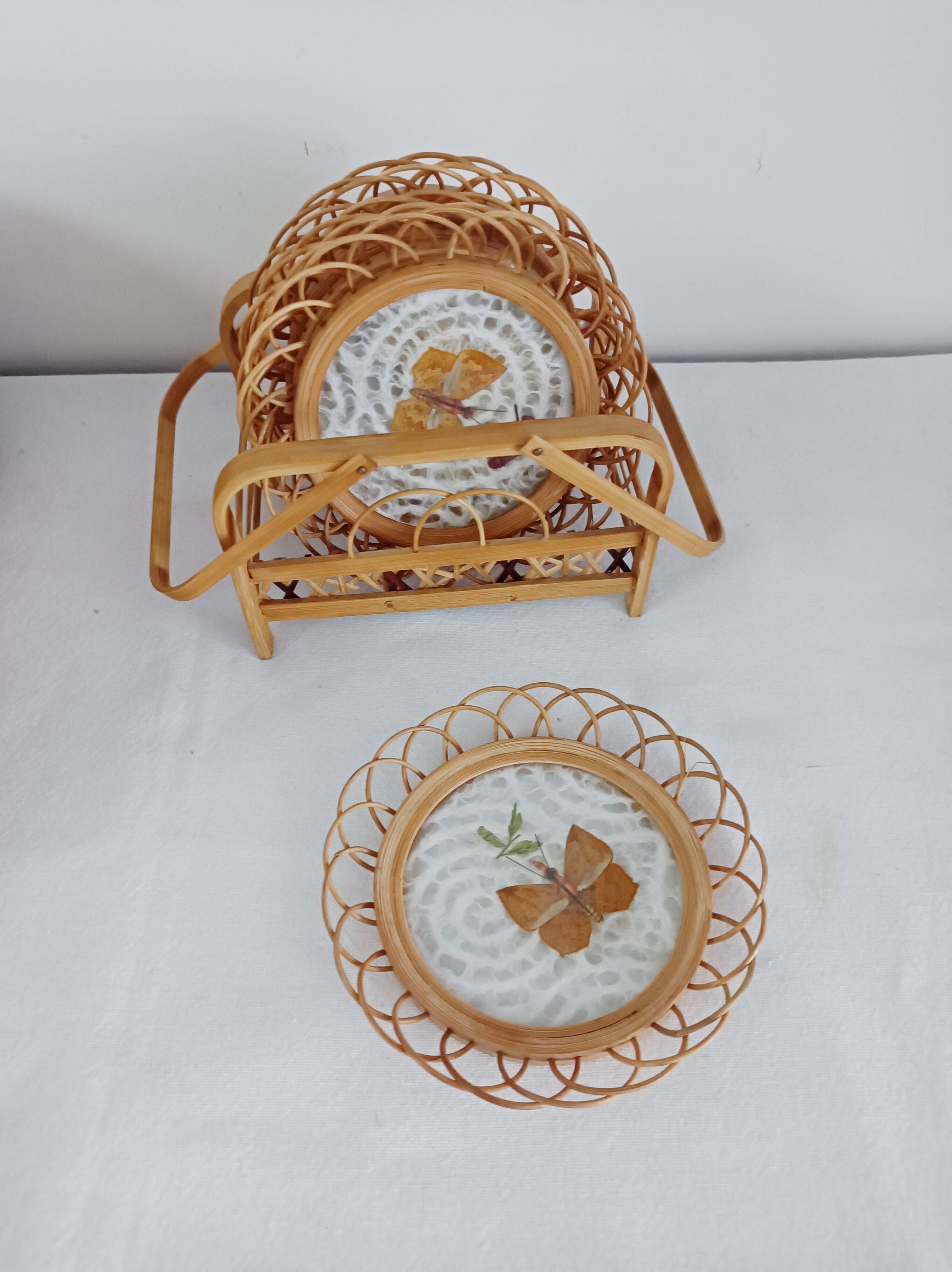 Set of 6 butterfly wicker coasters