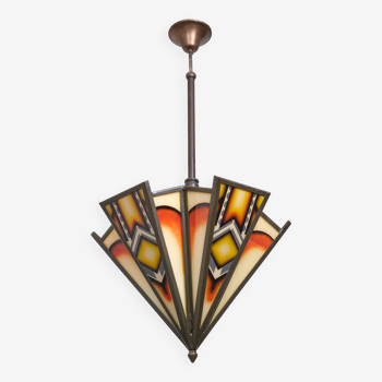 Amsterdamse school Art Deco Stained Glass Chandelier Holland