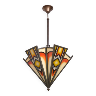 Amsterdamse school Art Deco Stained Glass Chandelier Holland