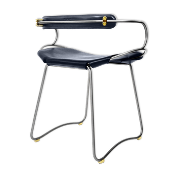 Tabouret hauteur chaise, dossier acier argent vieilli et cuir bleu marine