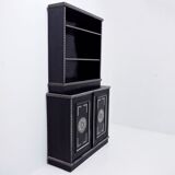 Antique wooden cabinet painted in black and with incised white painted decorations, Ettore Zaccari, Italy c 1910