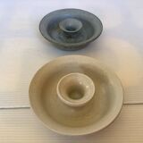 Paire de bougeoirs céramique beige et bleu