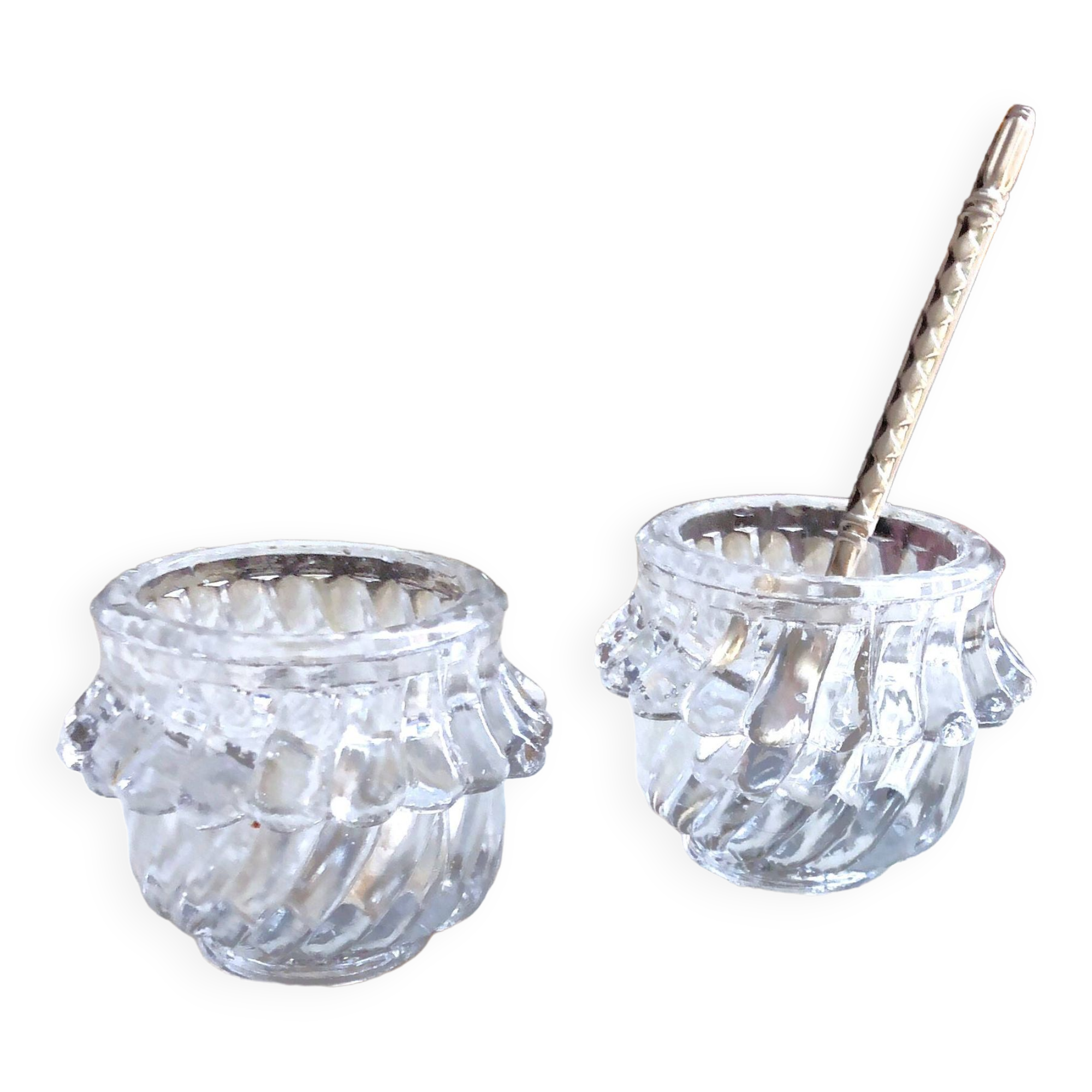Glass salt and pepper shaker set with vintage serving spoon