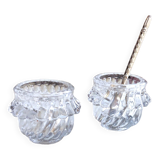 Glass salt and pepper shaker set with vintage serving spoon