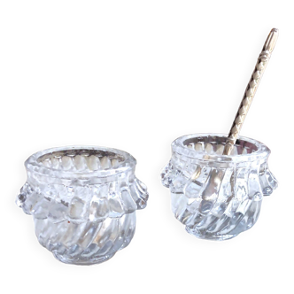 Glass salt and pepper shaker set with vintage serving spoon