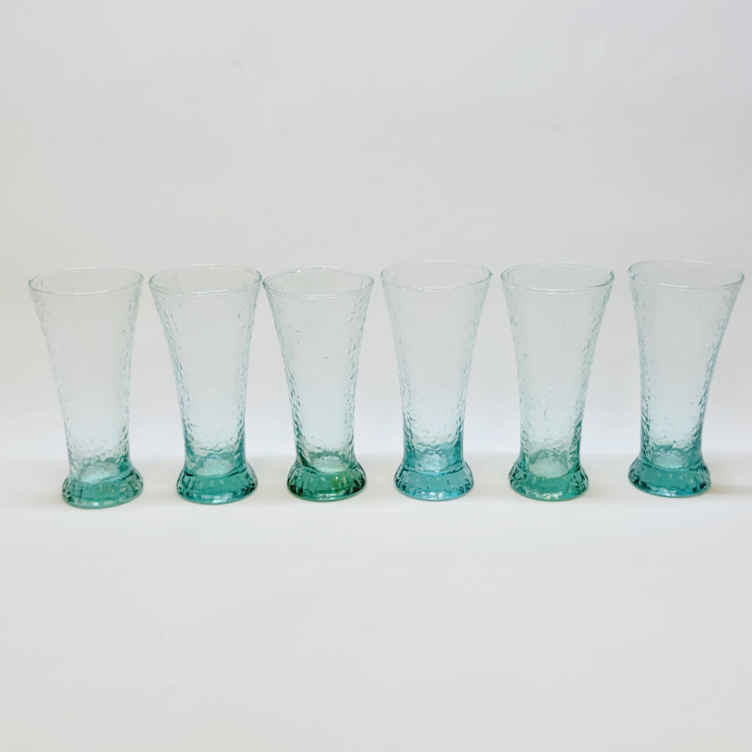 6 flared glasses in textured bubble blown blue glass pastis / orangeade / water
