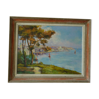 Tableau bord de mer vue de Corse port d'Ajaccio huile sur toile signé