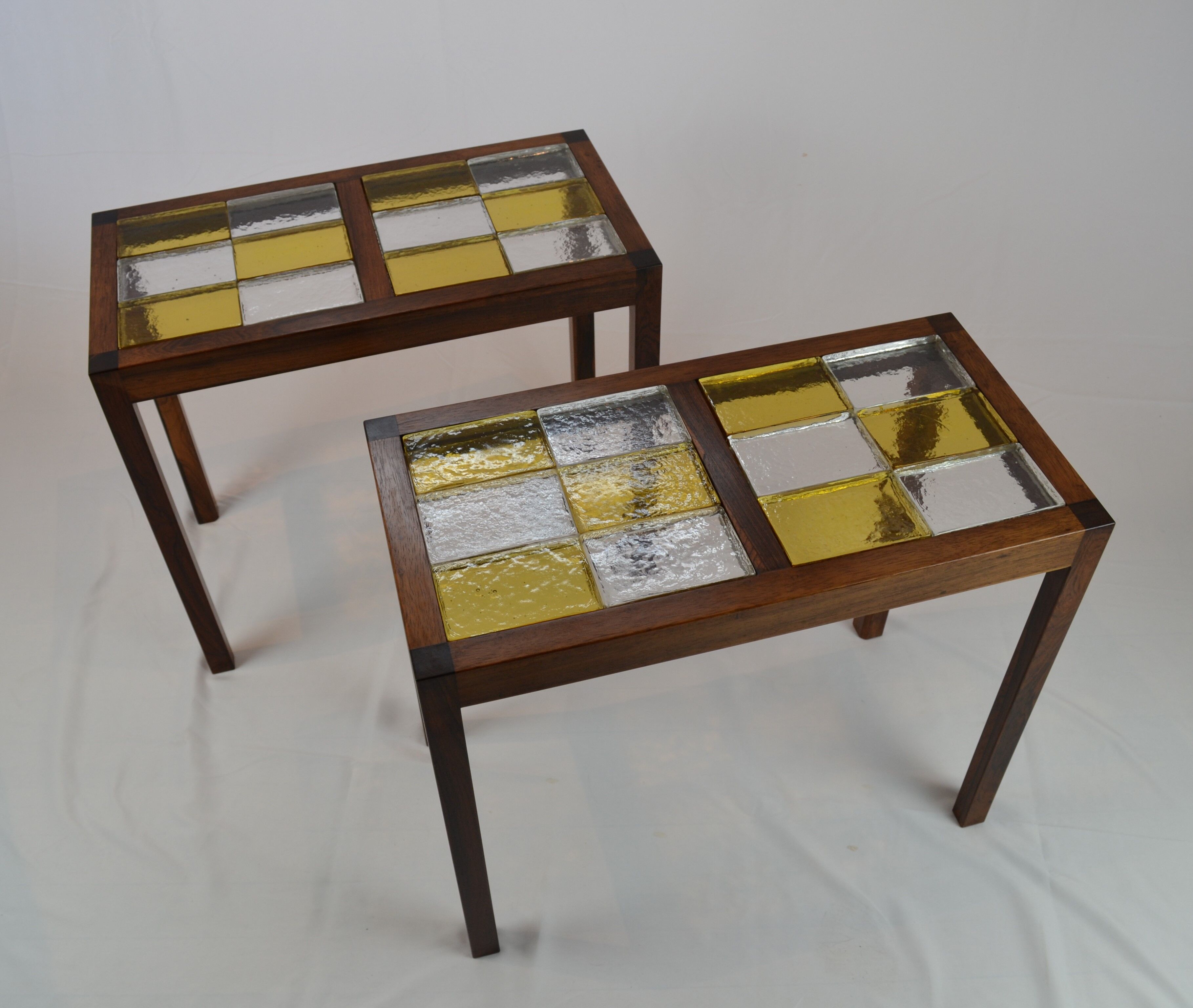 Pair of Scandinavian coffee tables in rosewood and glass tiles