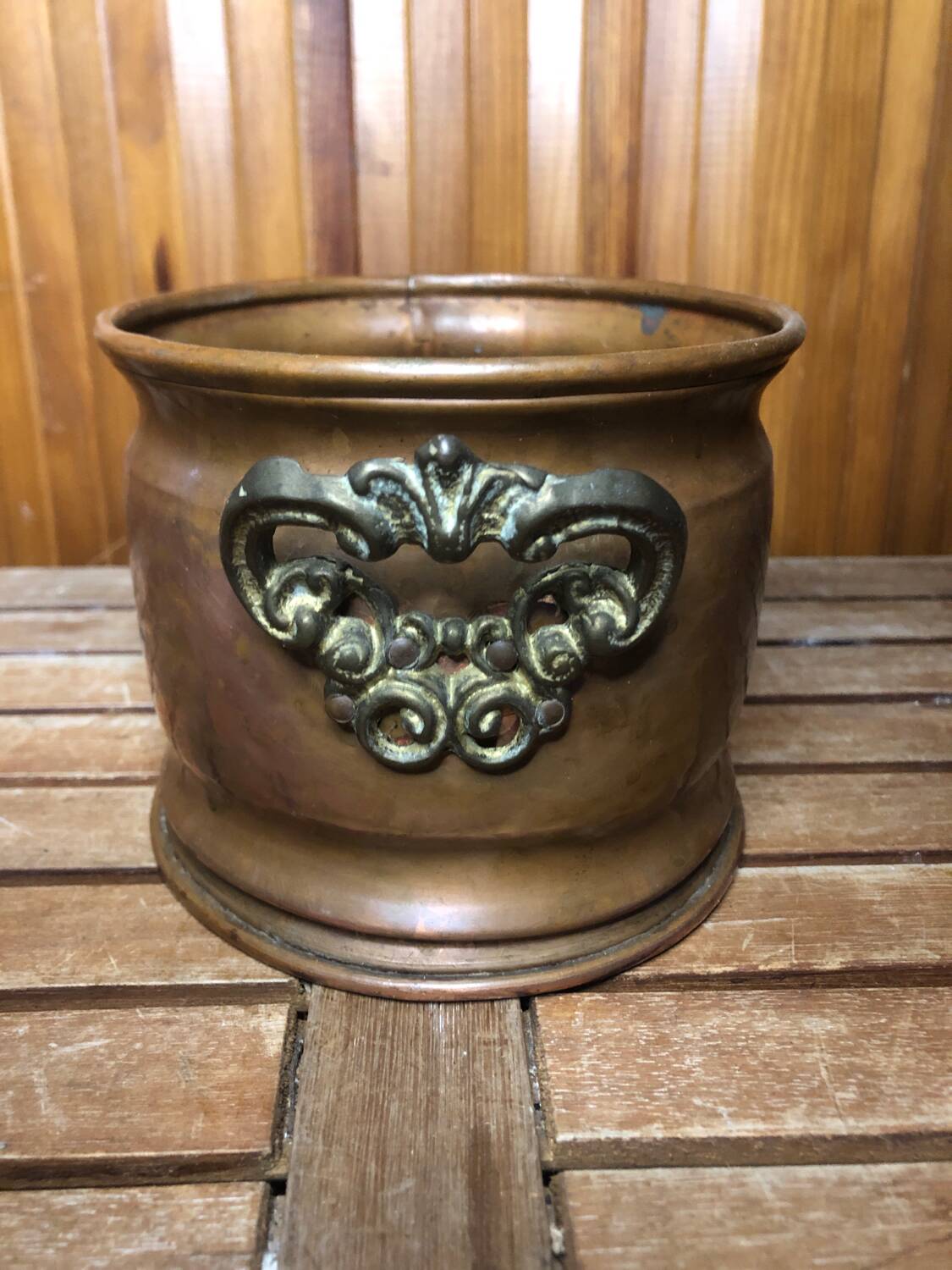 Old copper pot + vintage brass handles #a531