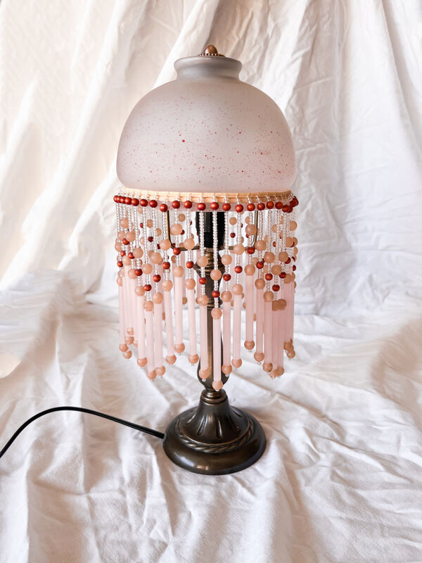 Lampe Art Déco Vintage Boudoir en Laiton & Pampilles en Verre