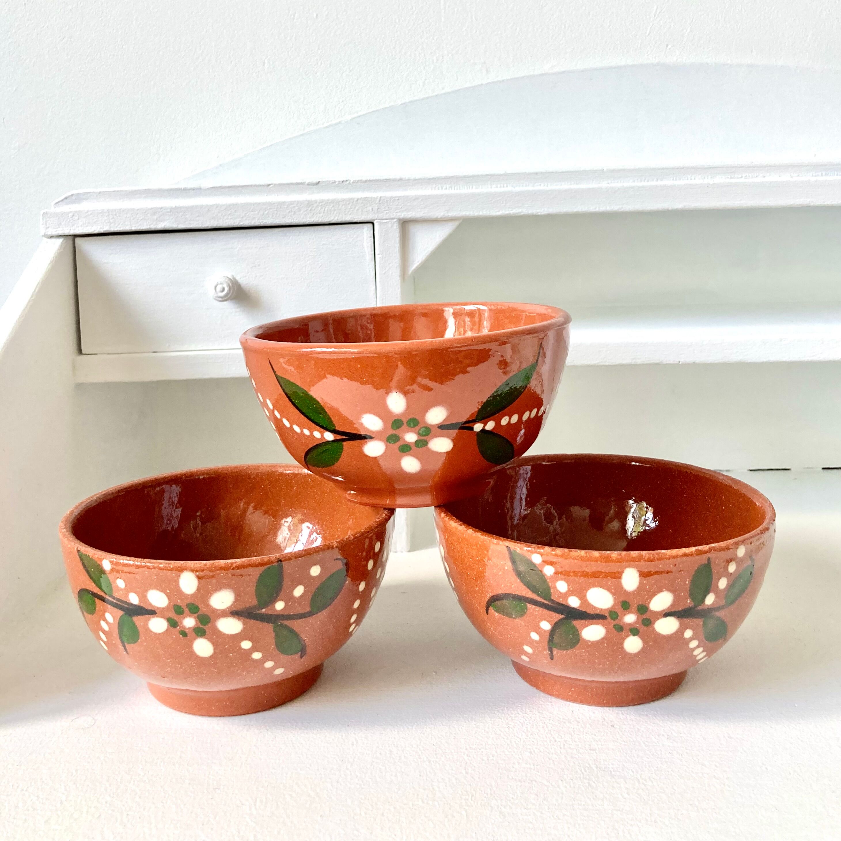 Vintage terracotta bowls decorated flowers