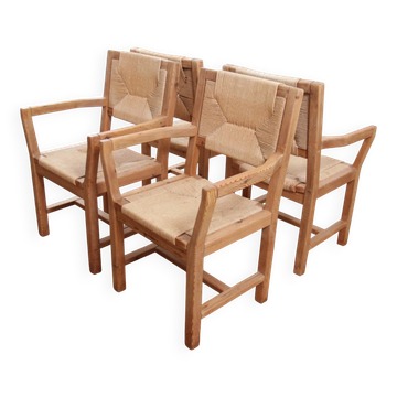 Set of four mid-century modern Danish dining chairs papercord solid pine