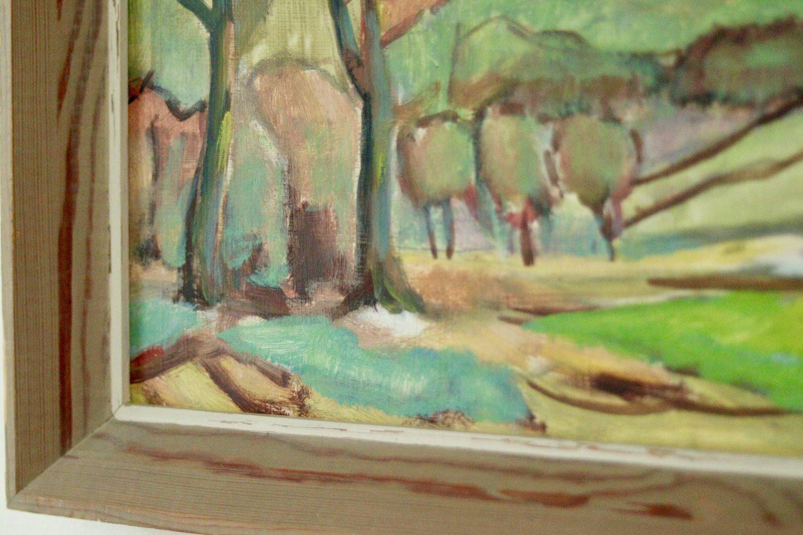 Huile sur panneau suédoise originale du milieu du siècle « Paysage avec arbres »