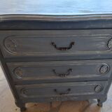 Solid wood chest of drawers painted gray and patinated silver 1940 with 3 drawers