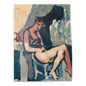 Tableau huile sur toile, la jeune femme alanguie