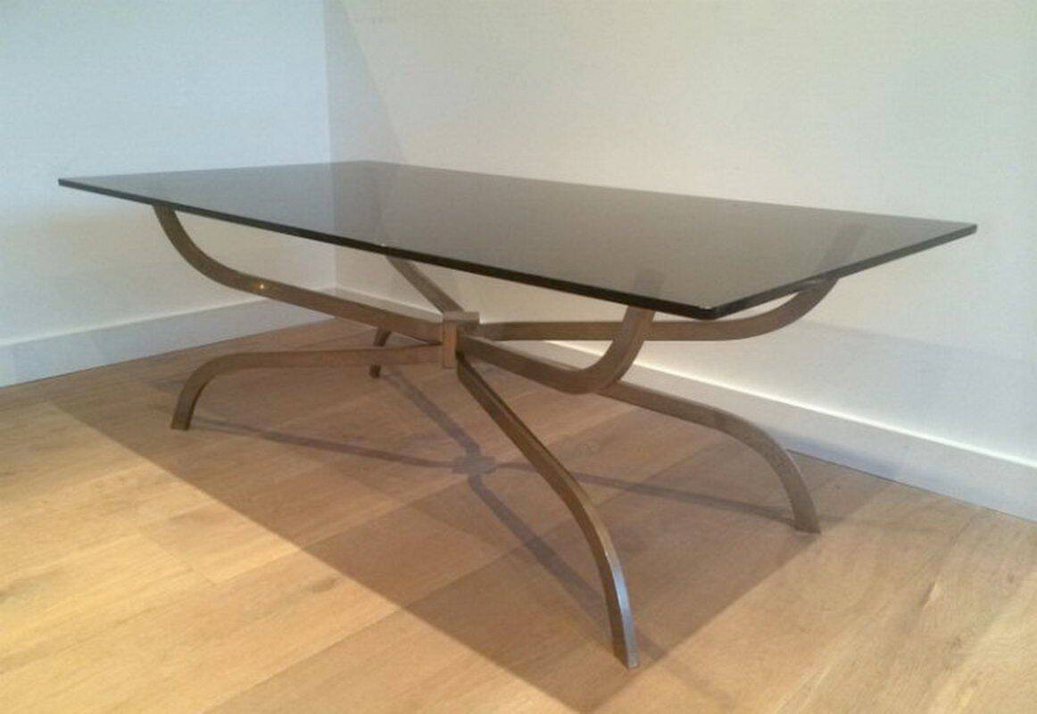 Coffee table in brushed steel and smoked glass top by Maison Charles