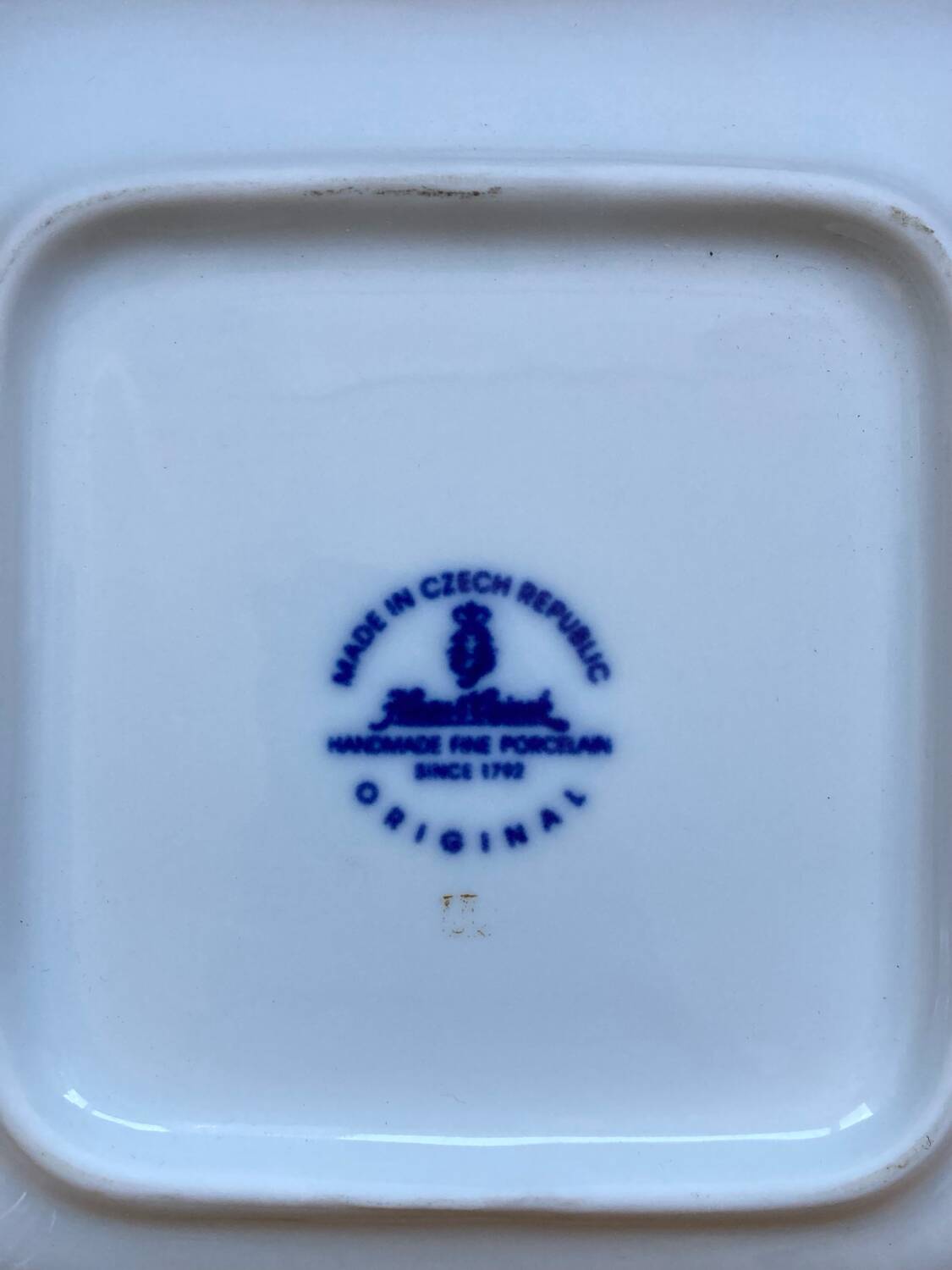 Square blue and white Czech porcelain salad bowl