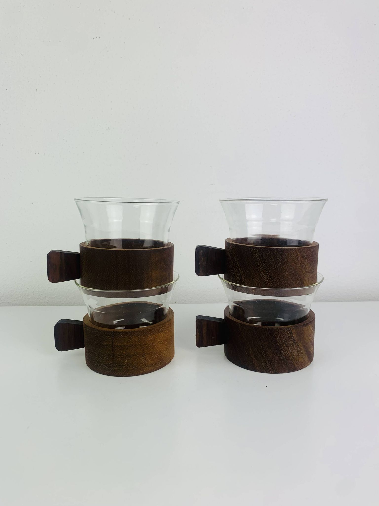 4 teak and glass cups in Scandinavian style by Schott Mainz Jena Glas, 60s