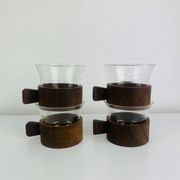 4 teak and glass cups in Scandinavian style by Schott Mainz Jena Glas, 60s