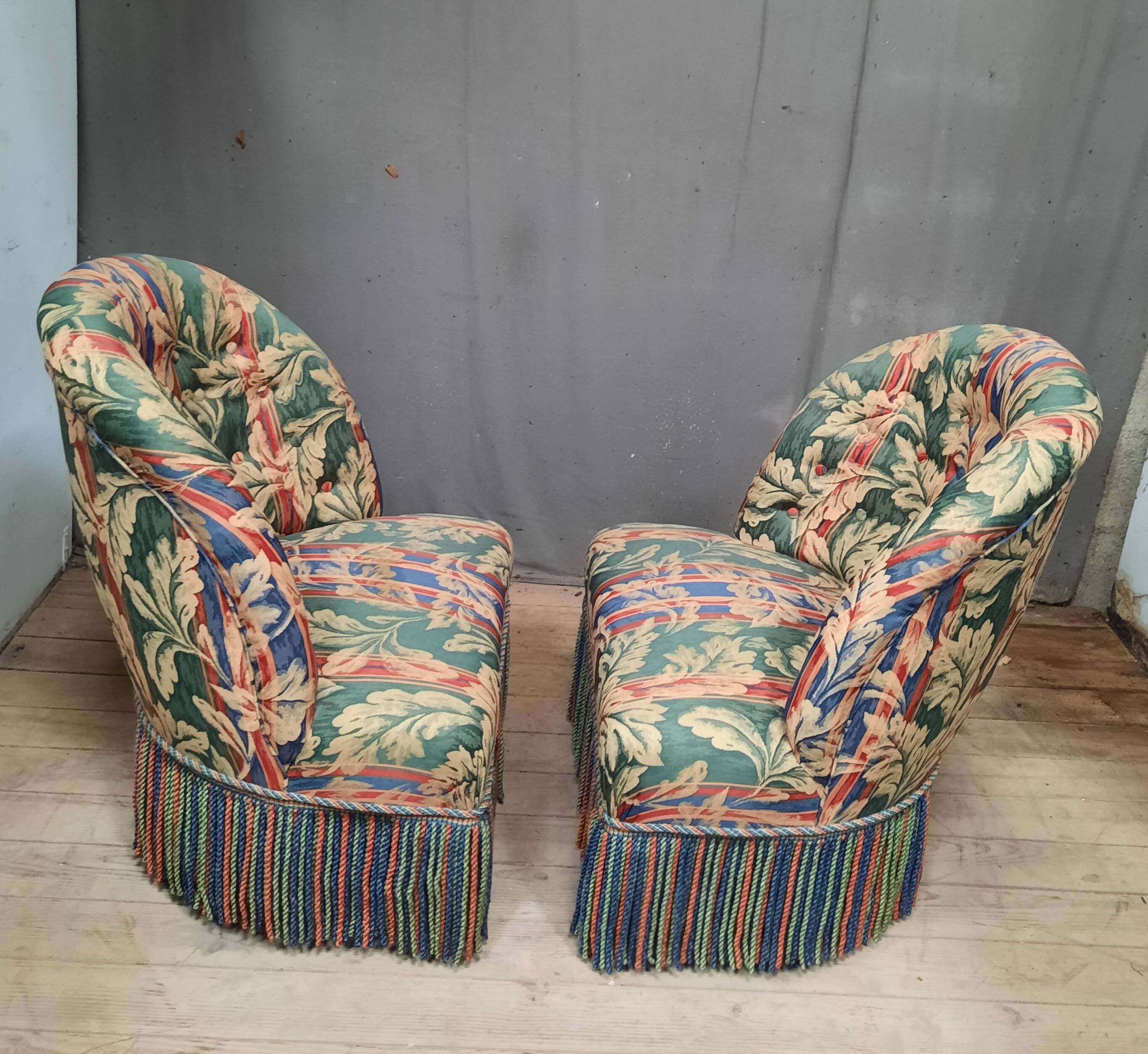 Pair of upholstered toad armchairs