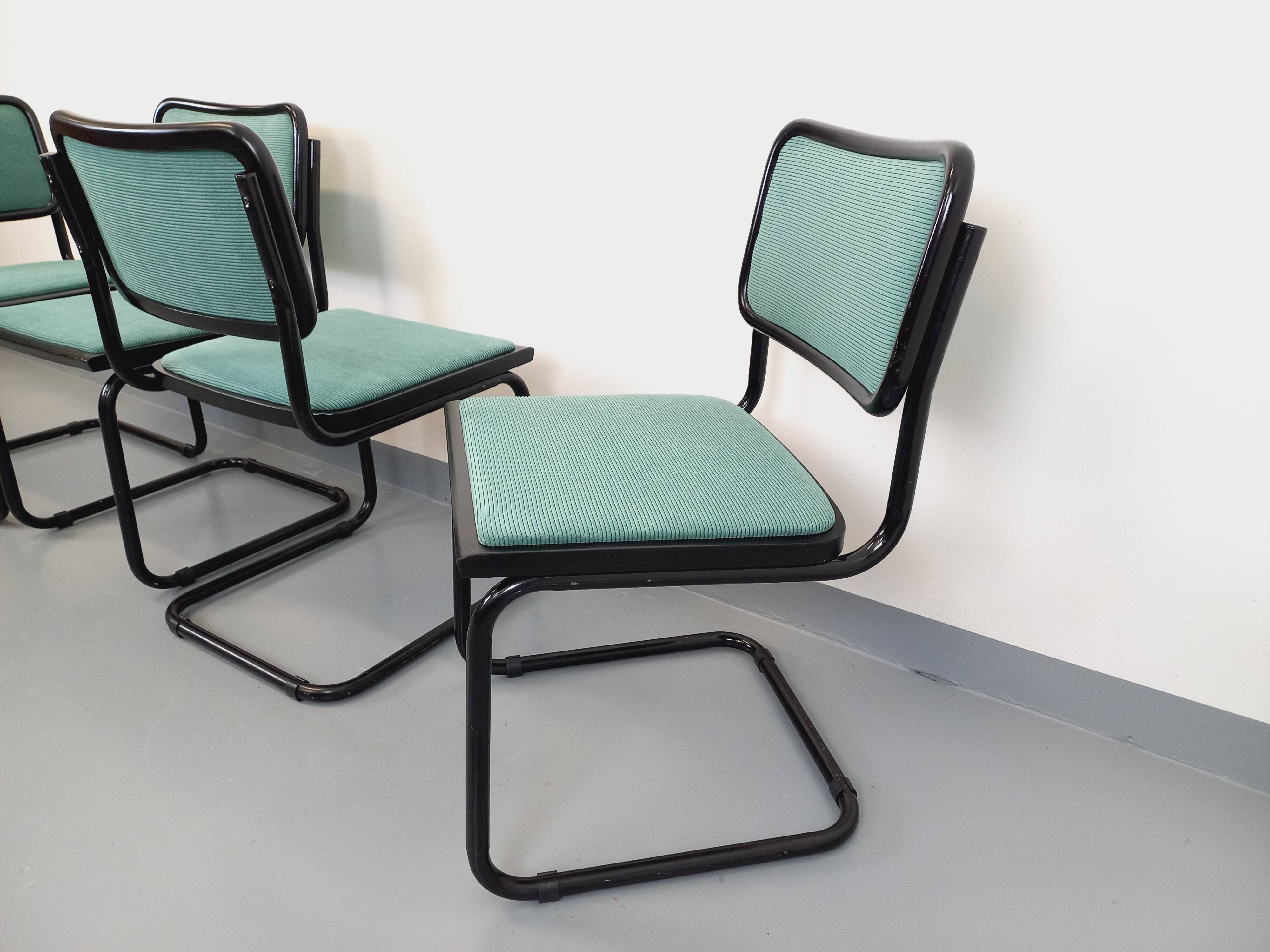 Set of 4 vintage Marcel Breuer Cesca B32 Bauhaus style chairs in black metal, black wood and v fabric