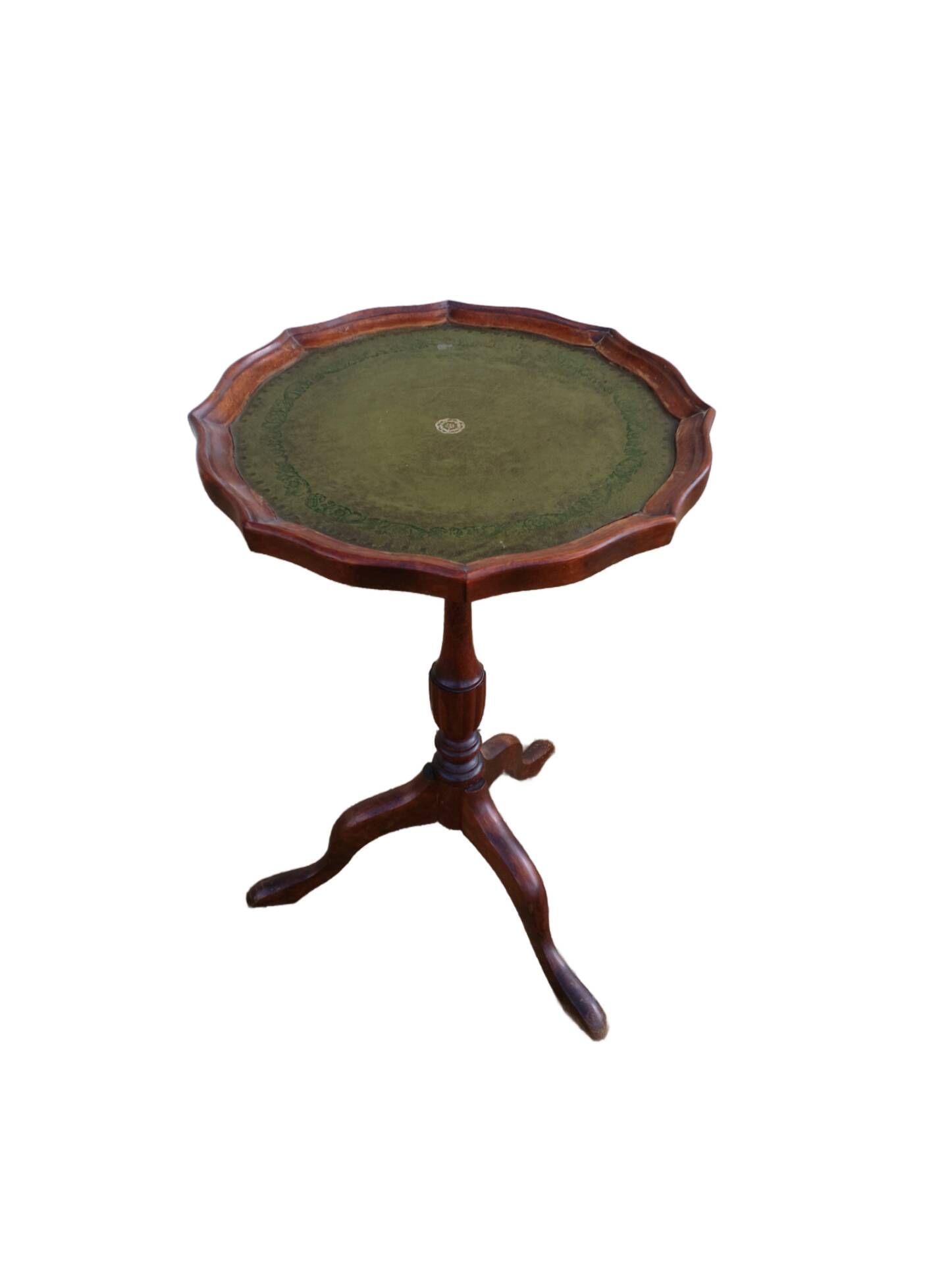 Table d’appoint à vin, guéridon ancien en bois et cuir vert