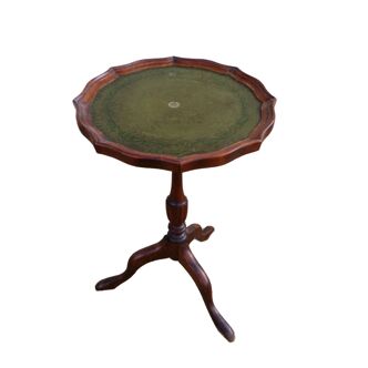Table d'appoint à vin, guéridon ancien en bois et cuir vert