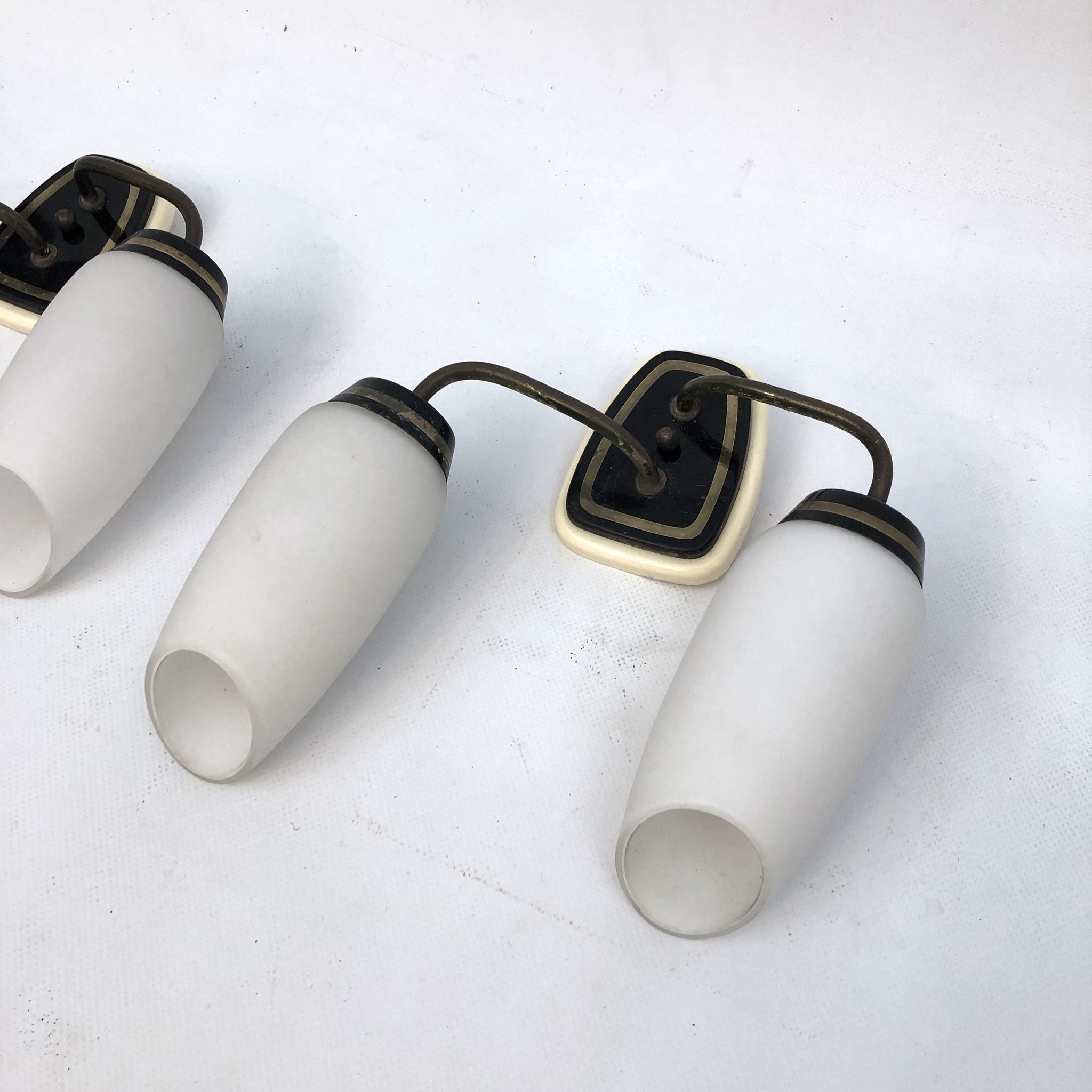 Mid-century Italian brass and opaline glass sconces. Set of two