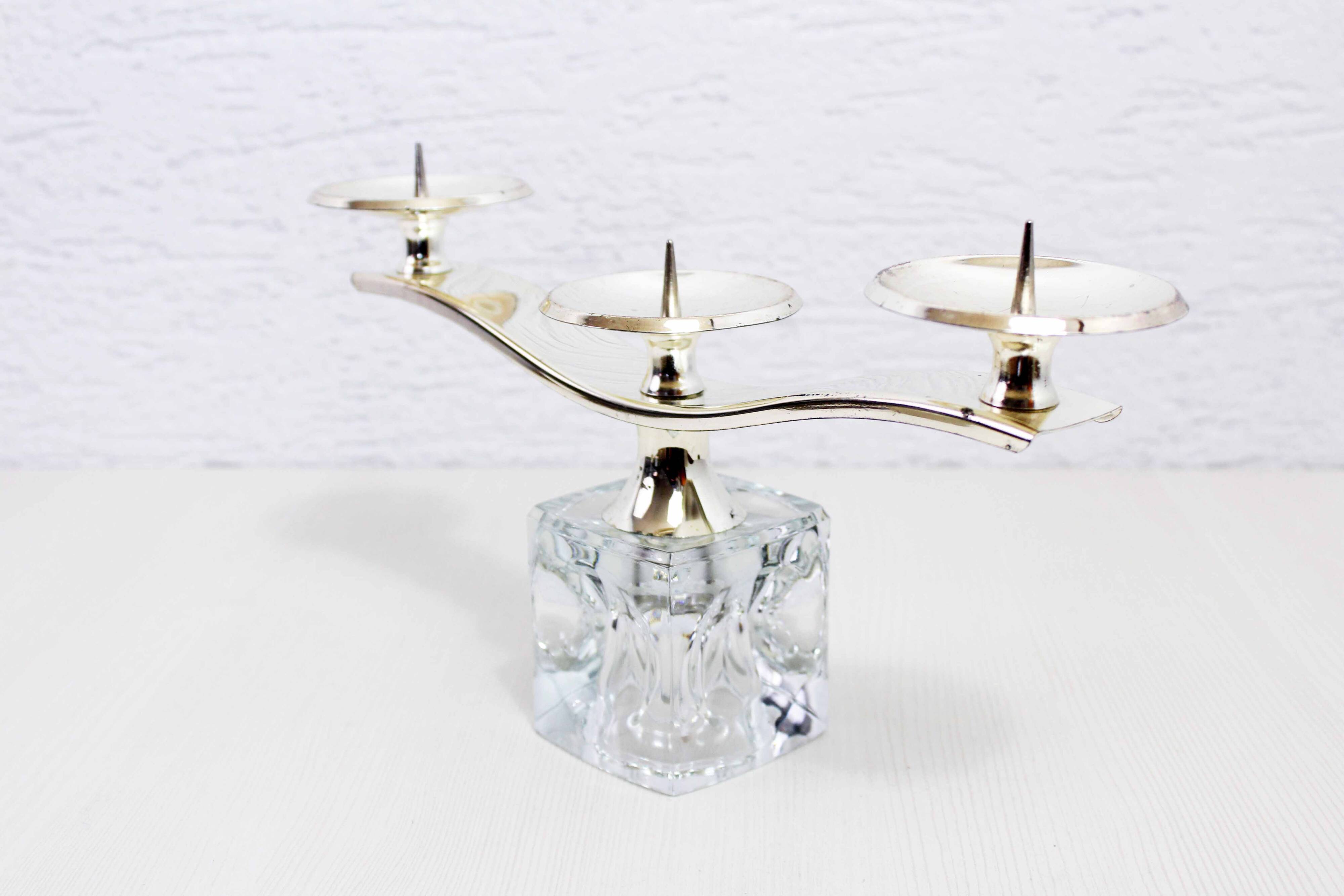 Glass and silver-plated metal candle holder