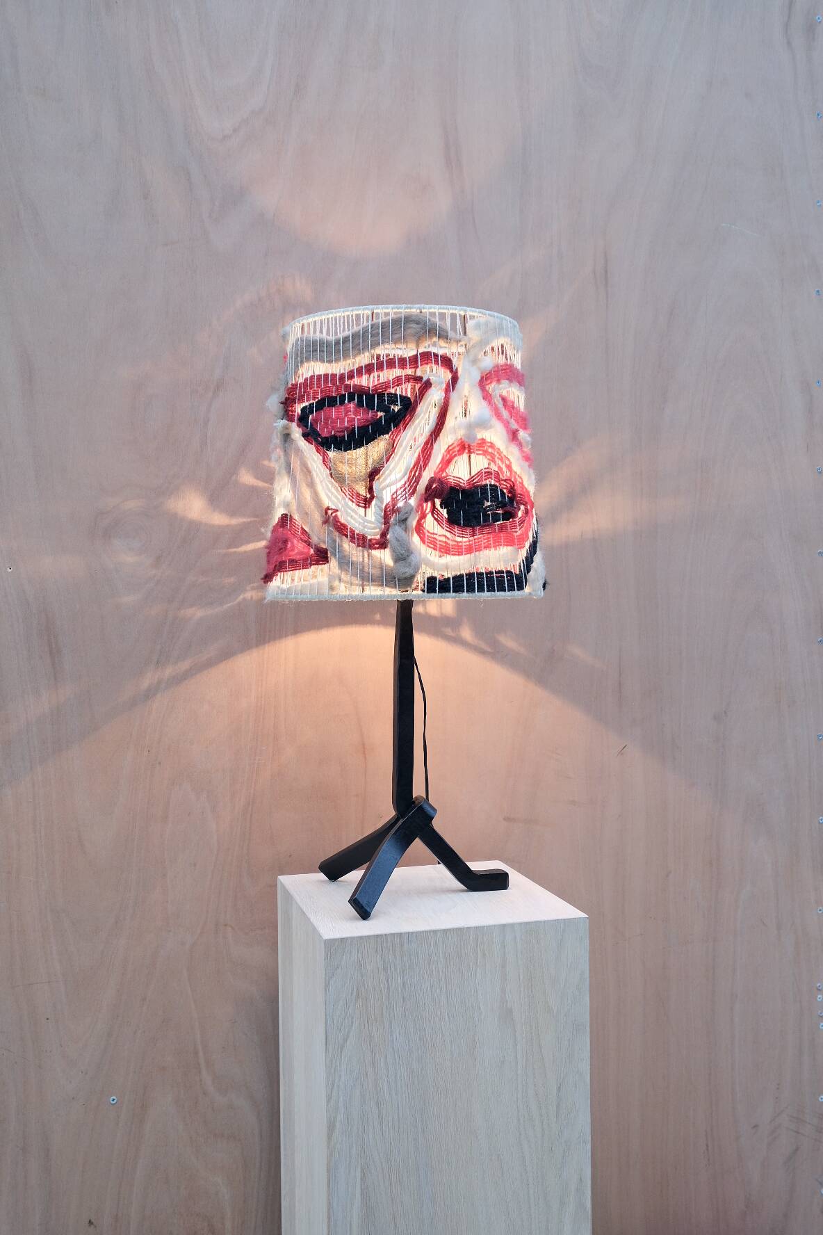 Modernist wrought iron lamp with wool lampshade, France 1950