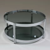 Round chrome-plated metal coffee table and smoked glass tops, France 1970s