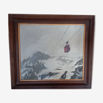 Tableau, huile sur bois, représentant un téléphérique sur fond de montagne enneigée, signé Belgrand