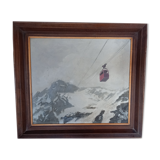 Painting, oil on wood, representing a cable car against a snowy mountain background, signed Belgrand
