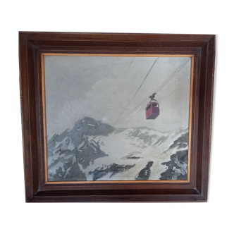 Painting, oil on wood, representing a cable car against a snowy mountain background, signed Belgrand