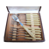 12 anciennes fourchettes à entremets en inox et bakélite