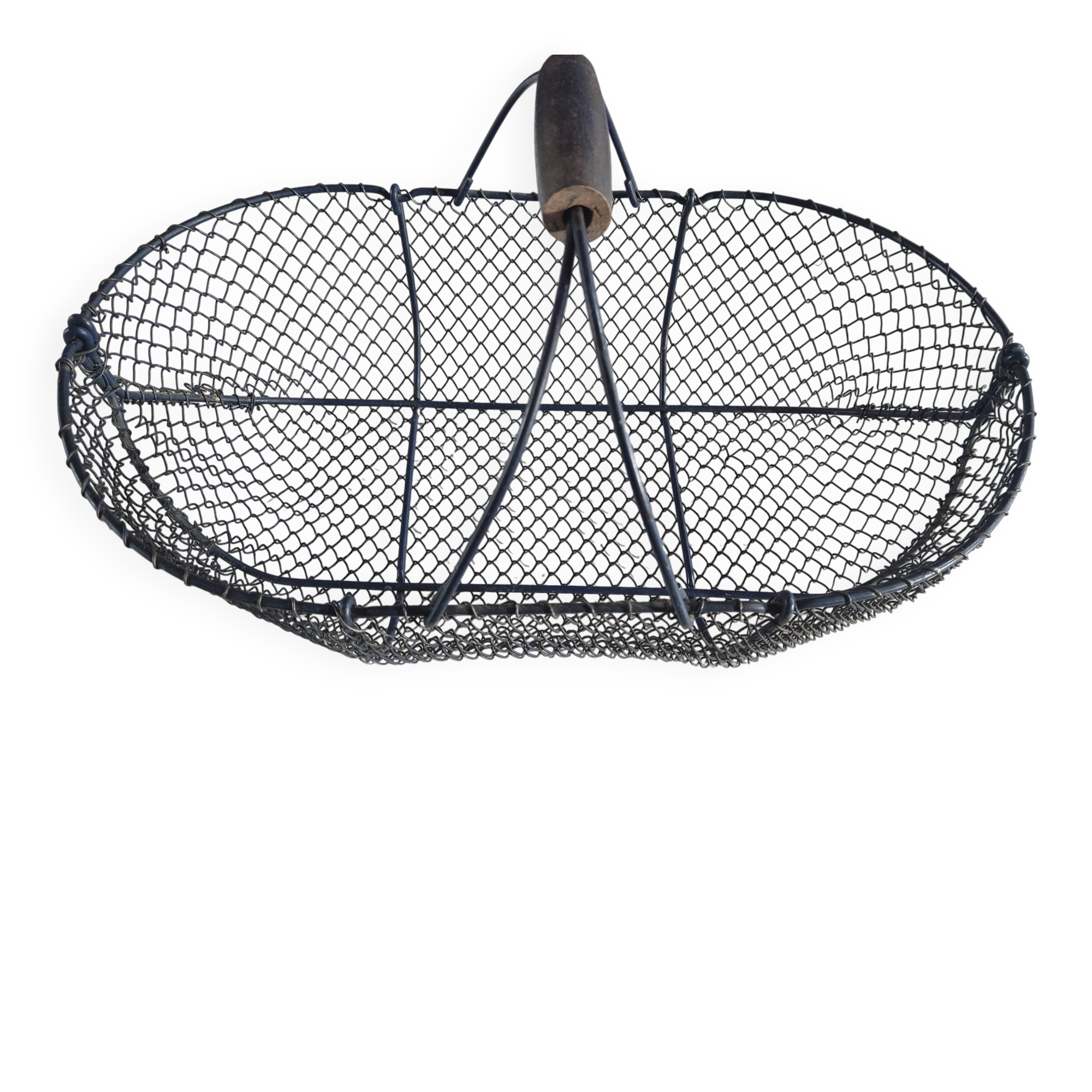 Vintage navy blue metal basket with wooden handle