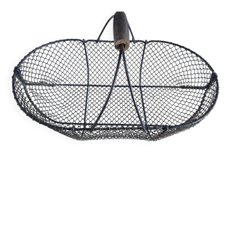 Vintage navy blue metal basket with wooden handle