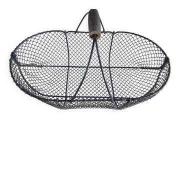 Panier vintage en metal bleu marine  poignée bois