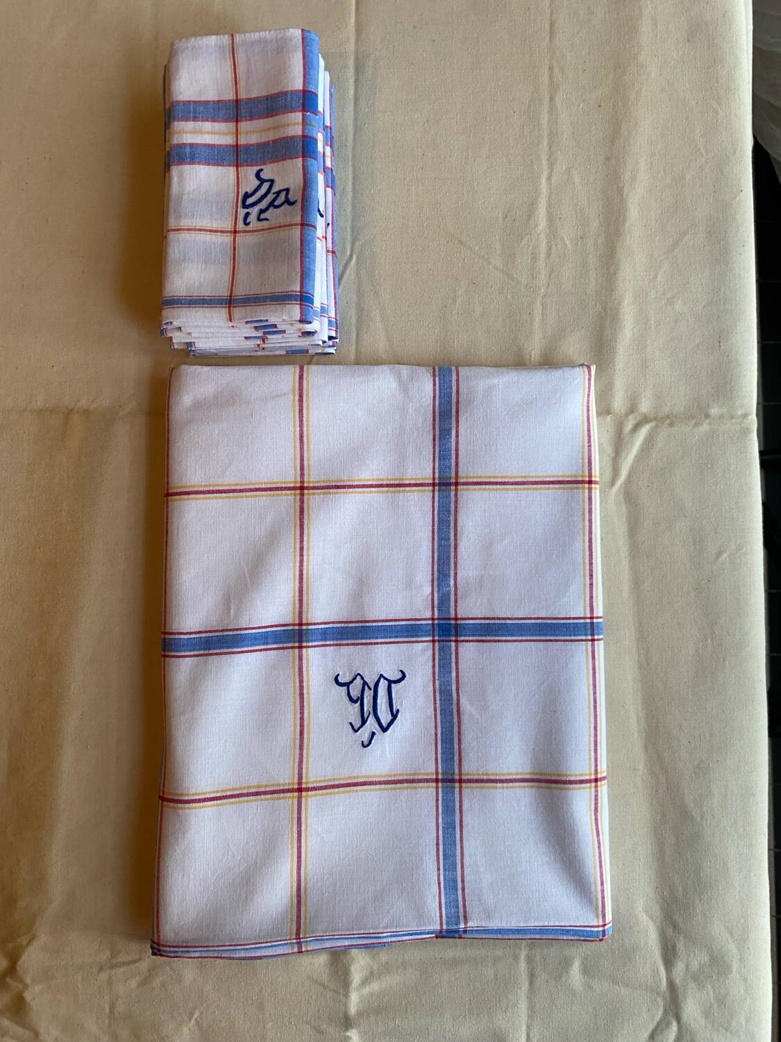 Embroidered checkered tablecloth with its 6 embroidered napkins