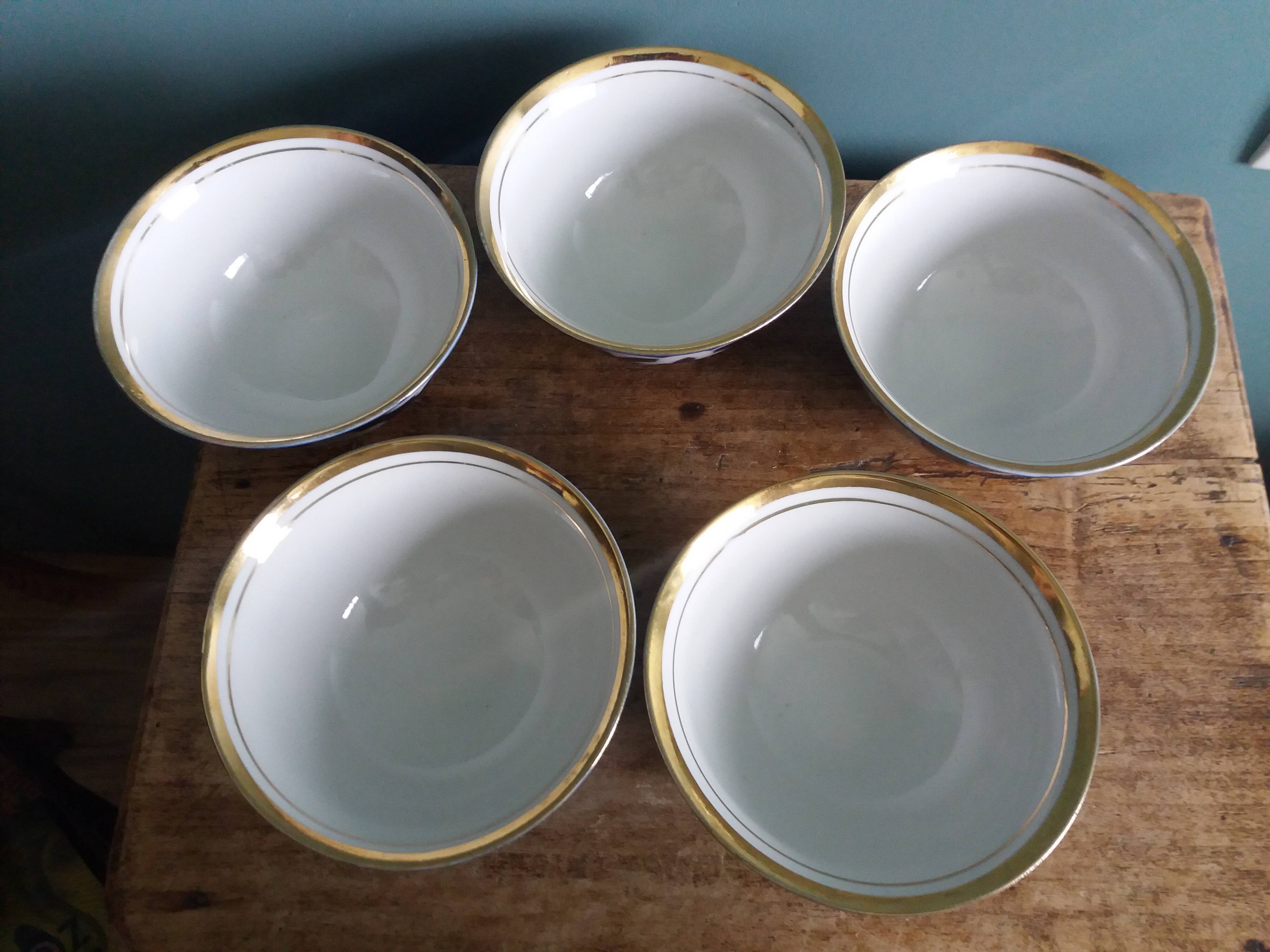 5 Uzbekistan porcelain tea bowls or cups, cobalt and gold decor