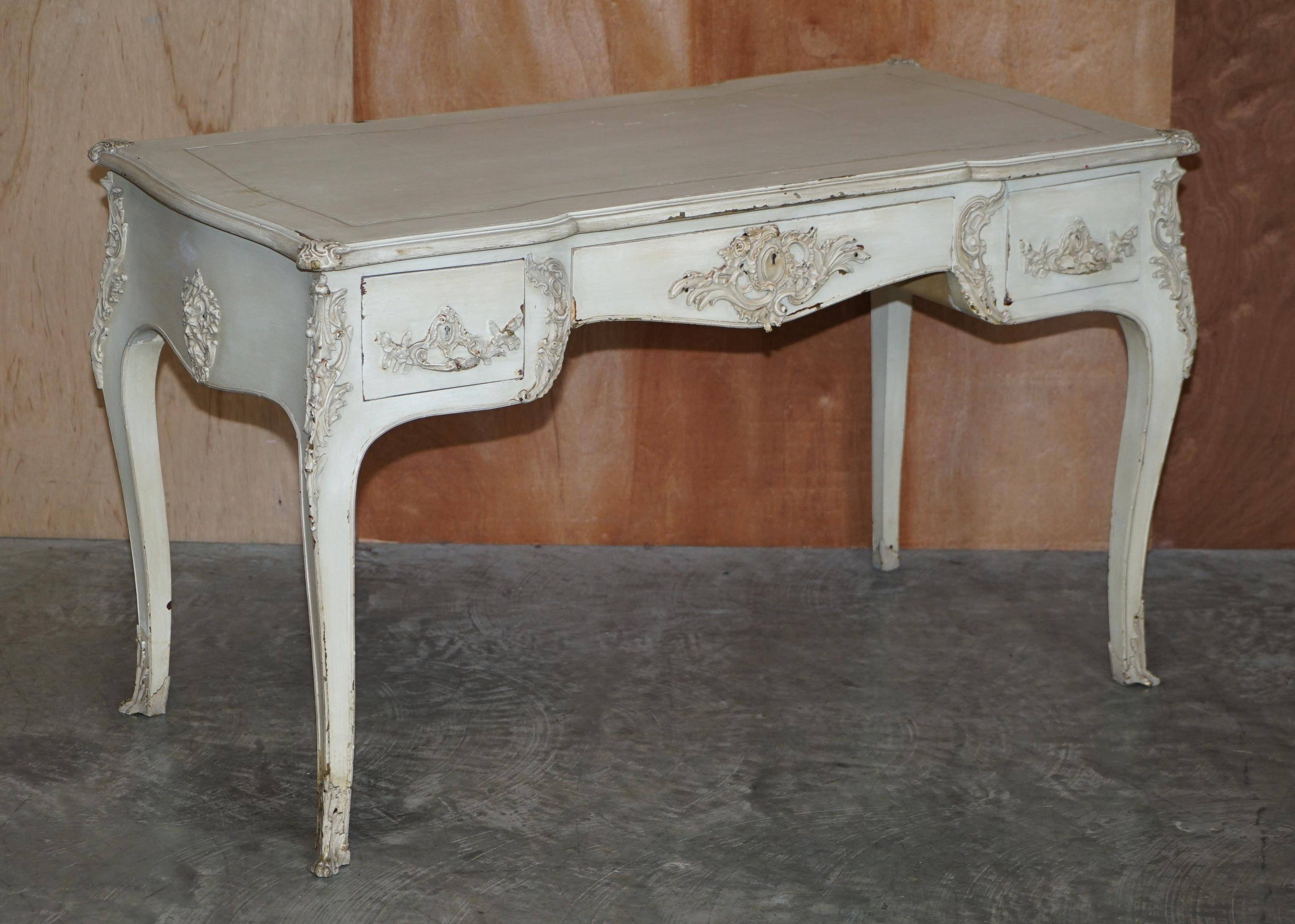 Antique Louis XV style flat desk painted with stool.