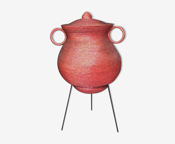 Amphore en rotin meuble de rangement couture 1970