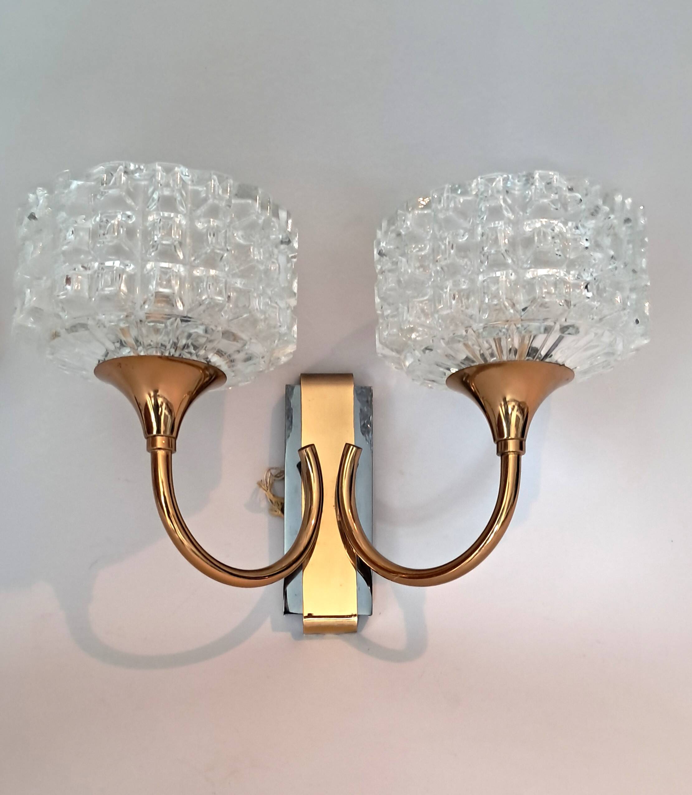 Pair of two-light wall sconces in gilded brass and blue from the 1950s.
