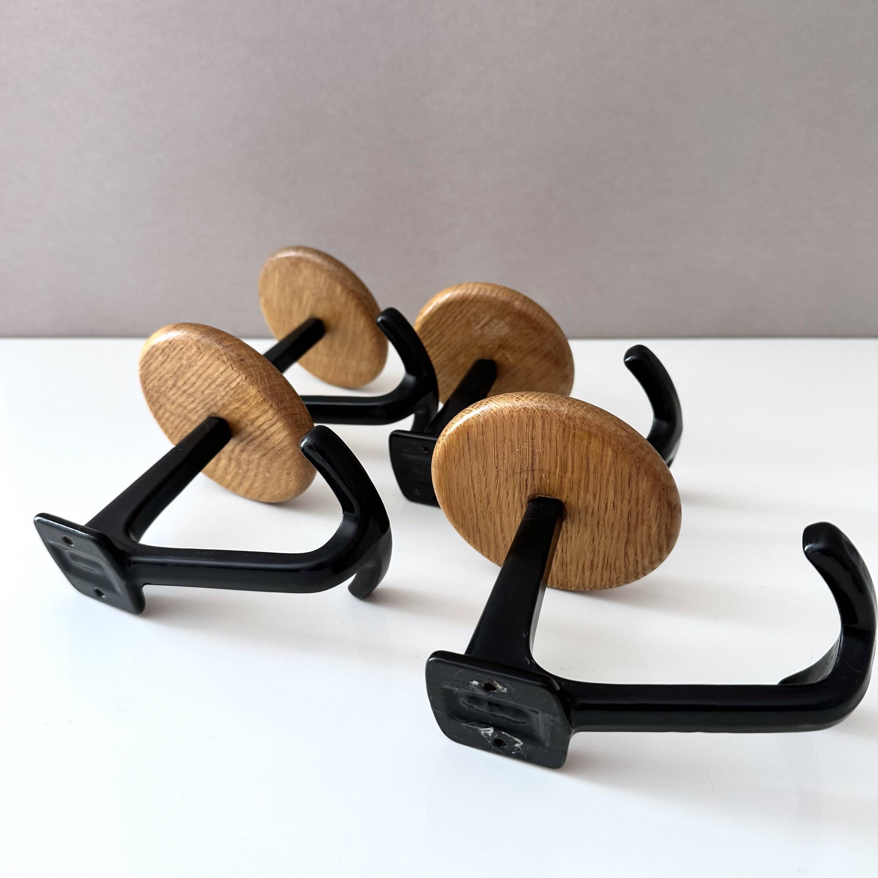 Vintage Set of 4 Wooden & Metal Coat Hooks | Wall-Mounted Hooks