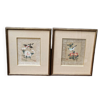 Pair of paintings on silk, China, trendy birds