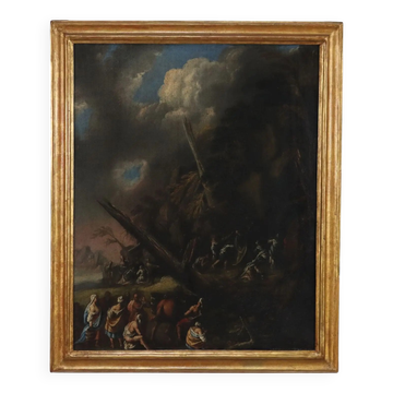Peinture ancienne à sujet religieux, miracle de Moïse, XVII-XVIII siècle