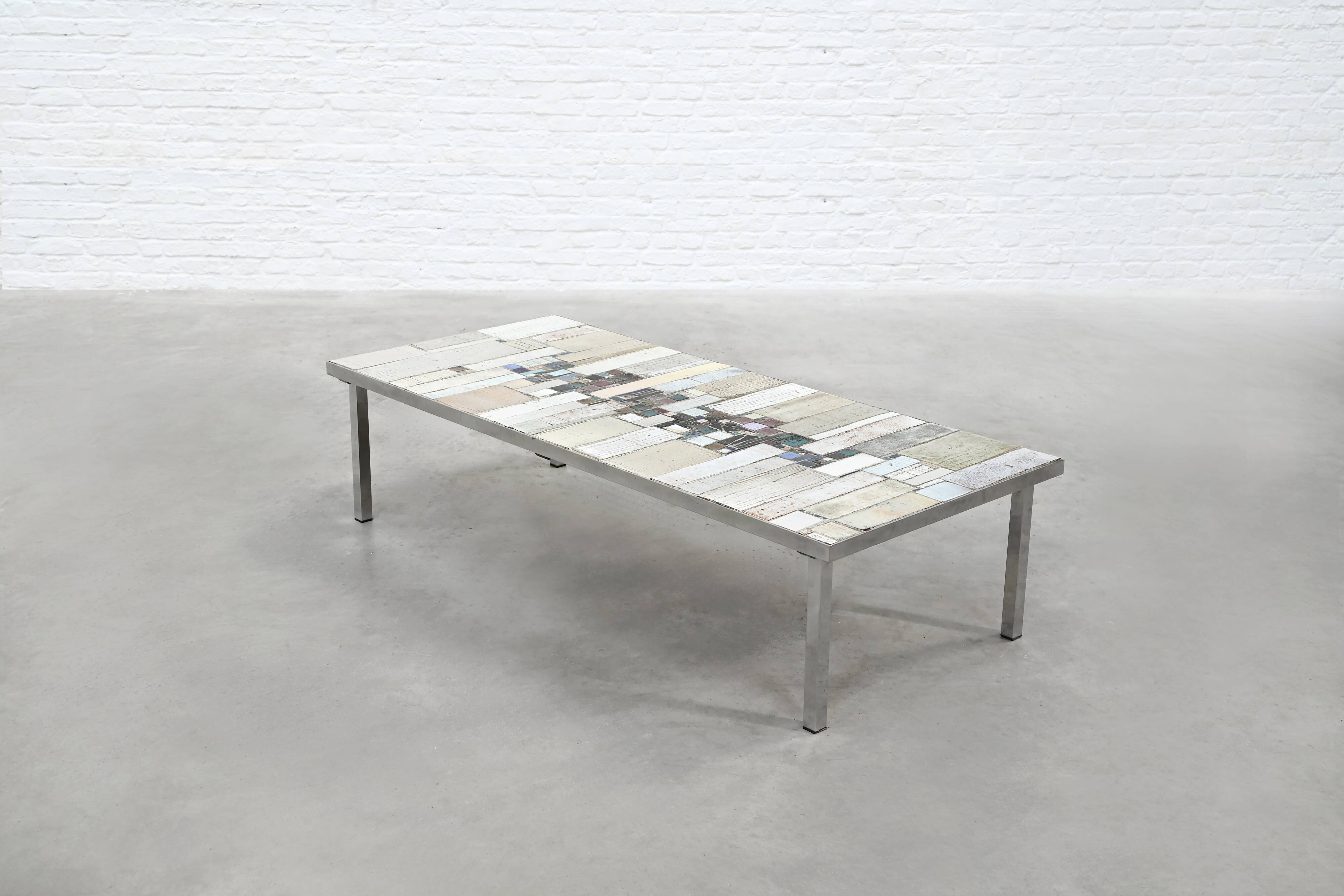 Brutalist Coffee Table by Pia Manu, Ceramic Top, Metal Base, Belgium
