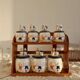Vintage wooden wall condiment shelf and porcelain pots with geese slip pattern